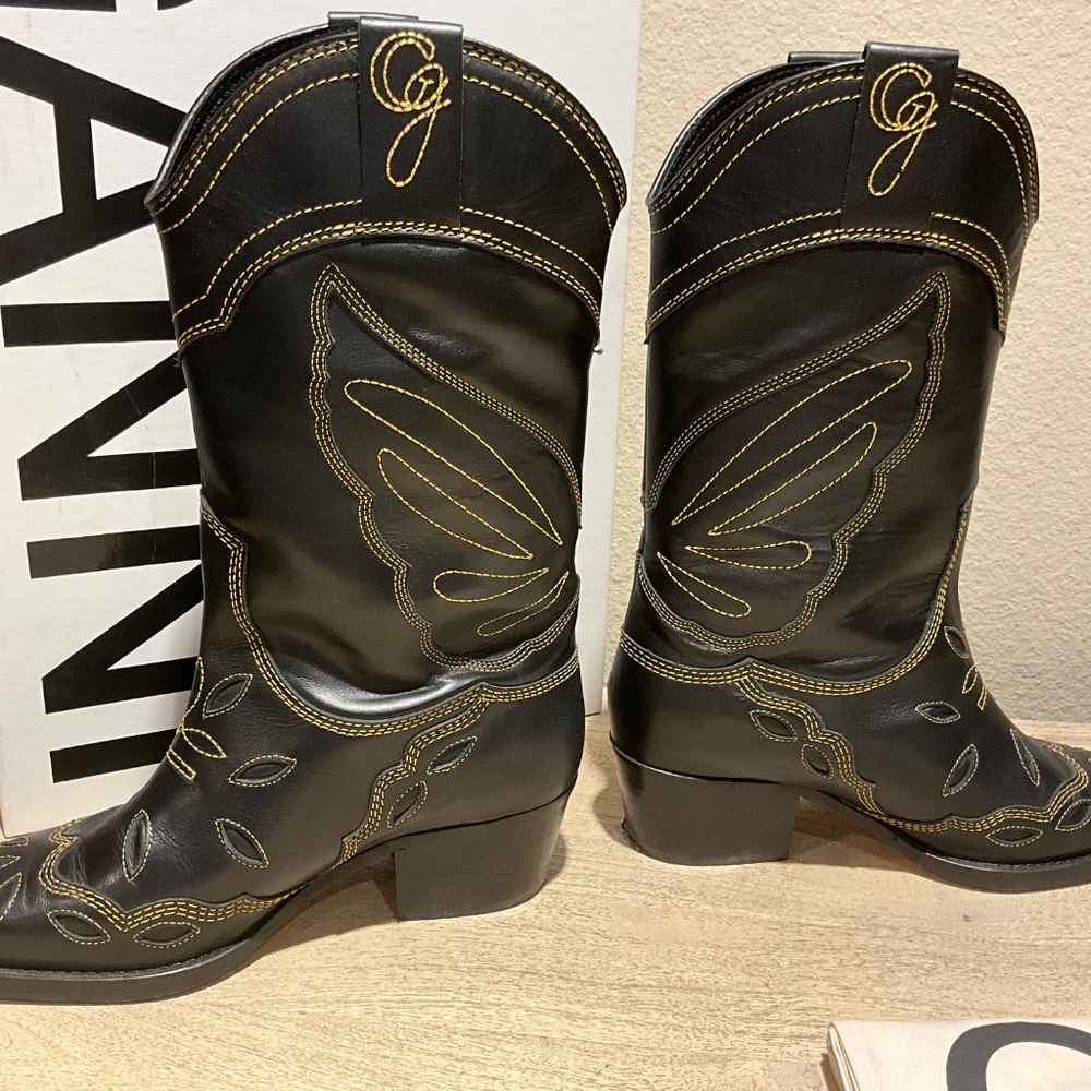 GANNI Mid Shaft Embroidered Western Cowboy Boots High Texas Boot Black Size 40 9 - Picture 8 of 16